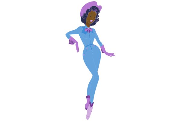 Stylish Animation: A Purple-Hued Character in a Blue Dress and Hat, Standing with Confidence on a White Background.