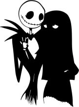 A Silhouette of a Jack Skellington Figure and a Person, Embracing in a Black and White Illustration