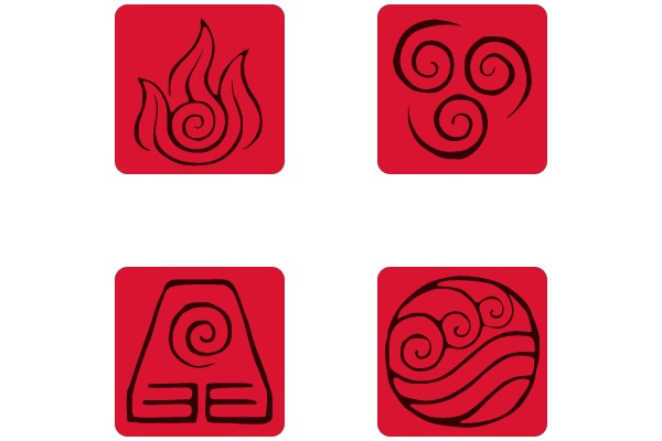 Symbolic Red Emblems: Fire, Water, Earth, Air