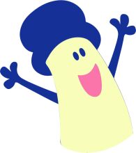 A Friendly Cartoon Character with a Blue Hat and a Yellow Body, Standing with Hands Raised and a Big Smile.