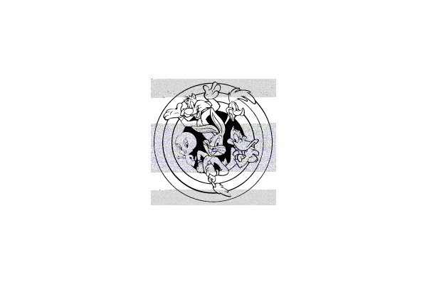 Three Looney Tunes characters in a circular arrangement, depicted in black and white.