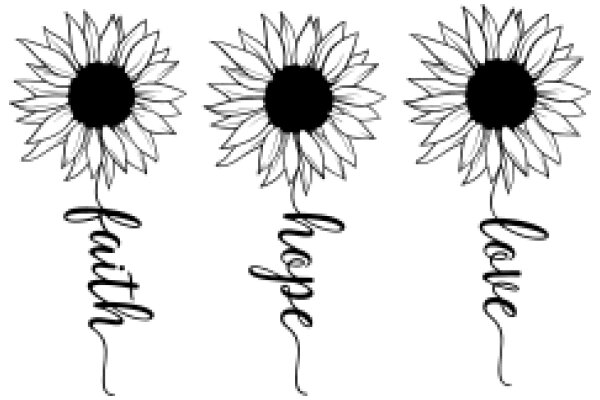 Four Line Drawings of Sunflowers with the Words 'Faith', 'Hope', and 'Love' Inscribed Below Them