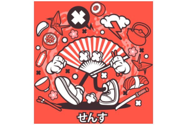 A Playful and Colorful Illustration of a Cartoon Character Surrounded by Various Objects and Symbols, with Japanese Text at the Bottom