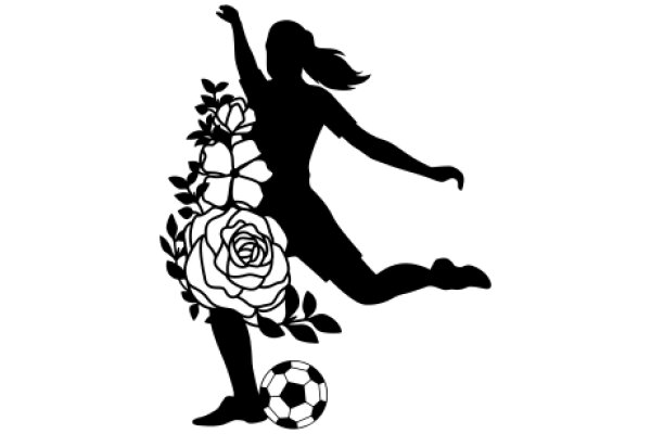 Silhouette of a Female Soccer Player with a Rose and a Soccer Ball