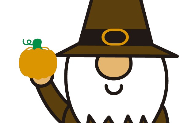 Autumn Greeting: A Festive Pilgrim Character with a Pumpkin