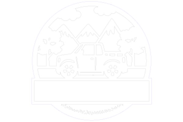 A Stylized Illustration of a Mountainous Landscape with a Truck, Surrounded by a Circle Frame
