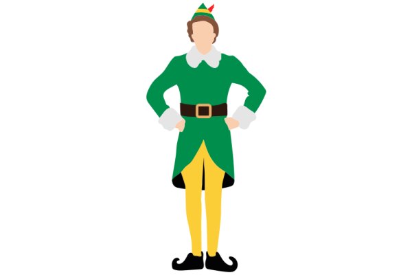A Festive Elf in a Classic Green Coat and Yellow Pants, Standing with Hands on Hips