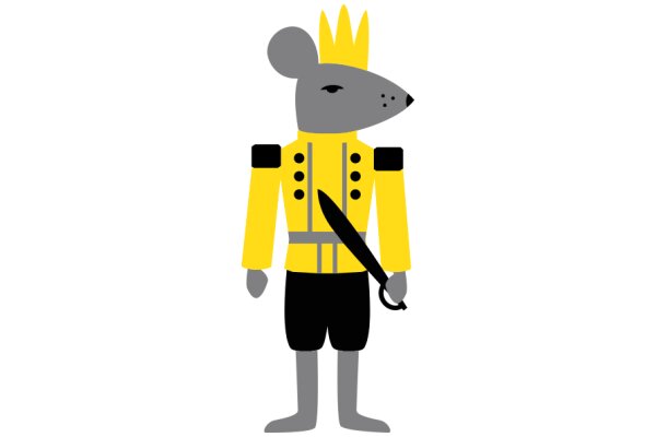 A Stylish Gray Mouse in a Yellow Jacket and Crown, Holding a Black Sword