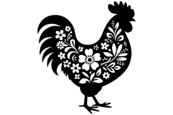 Stylized Black Rooster with Floral Design