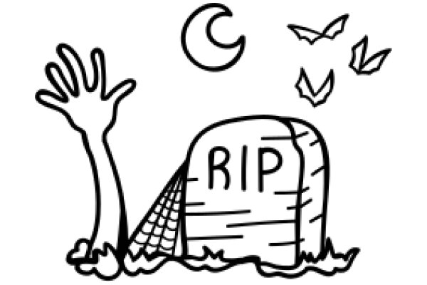 A Silhouette of a Hand Reaching Out to a Gravestone with the Word 'RIP' on It, Accompanied by a Crescent Moon and Three Birds in Flight