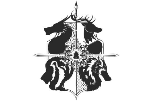 A Stylized Illustration of a Wolf, a Dragon, and a Lion, with a Crown and a Shield, Set Against a White Background.