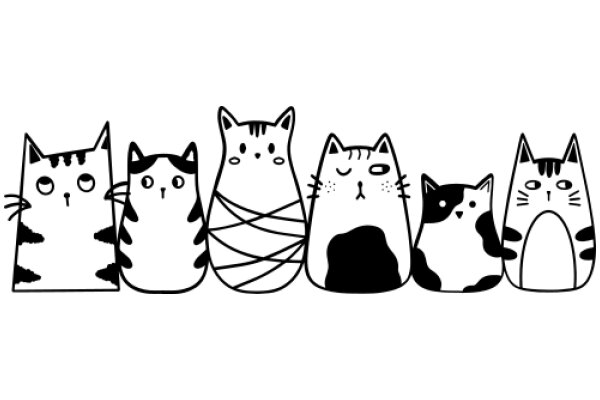 A Lineup of Five Cats, Each with a Unique Expression and Character, Illustrated in