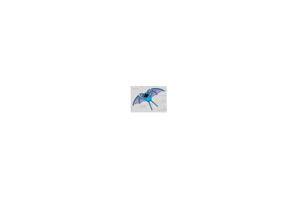 A whimsical creature with a blue body and purple wings.