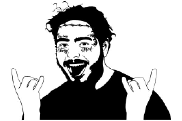 Portrait of a Man with Tattoos and a Beard, Making a Peace Sign with His Hands