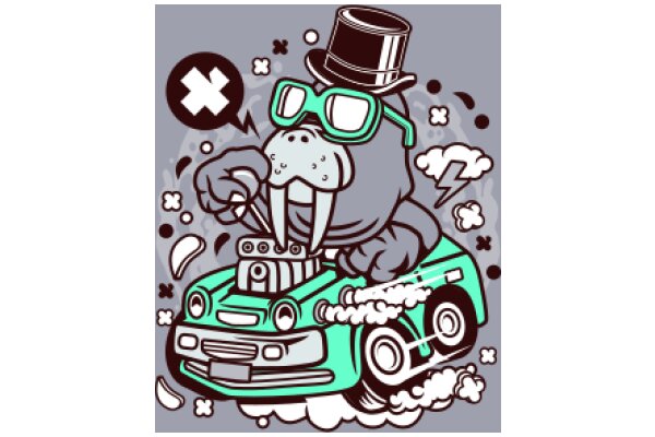 Whimsical Adventures: A Playful Illustration of a Whale Riding a Car with a Top Hat and Goggles
