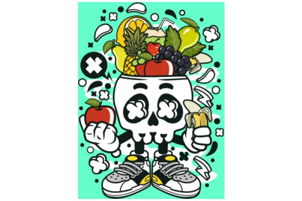 Whimsical Illustration: A Skull-like Character Surrounded by a Colorful Array of Fruits and Vegetables, with a Playful and Cartoonish Style.