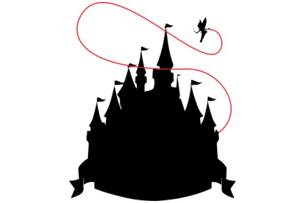 A Silhouette of a Castle and a Flying Figure, with a Red Curved Line