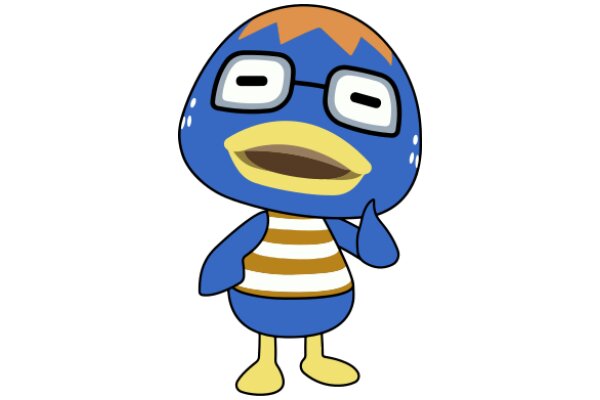 A Blue Bird Character with Glasses and a Striped Shirt, Pointing with Its Beak