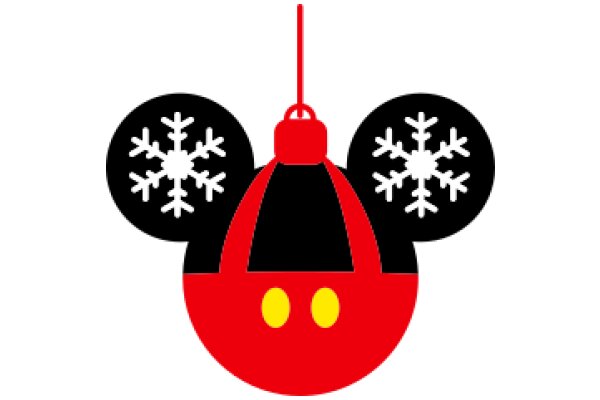 A Festive Christmas Decoration: A Red Mickey Mouse Head with Yellow Ears and a Snowflake Design