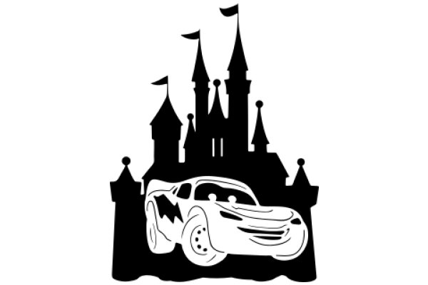A Silhouette of a Castle and Car, with a Flag on Top of the Castle