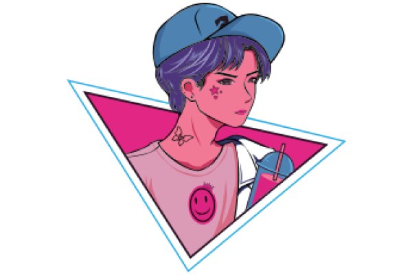 Stylish Illustration of a Young Man with a Blue Hat and Pink Shirt, Holding a Drink, Set Against a Pink and Blue Triangle Background.