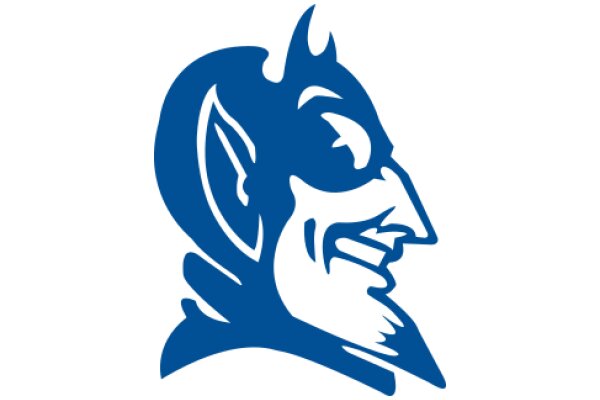 Stylized Blue and White Logo of a Devilish Character with Horns and a Smirk