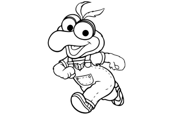 A Playful Cartoon Character: A Friendly, Feathered Creature with a Big Smile and a Pocket on its Overalls
