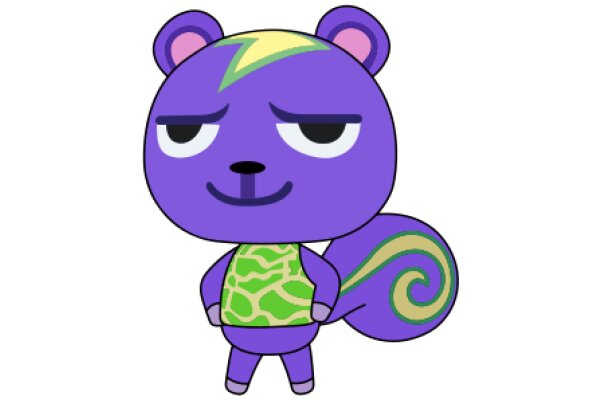 A Purple Bear with a Green Vest and a Yellow Lightning Strike on Its Head, Standing Confidently with Its Hands on Its Hips.