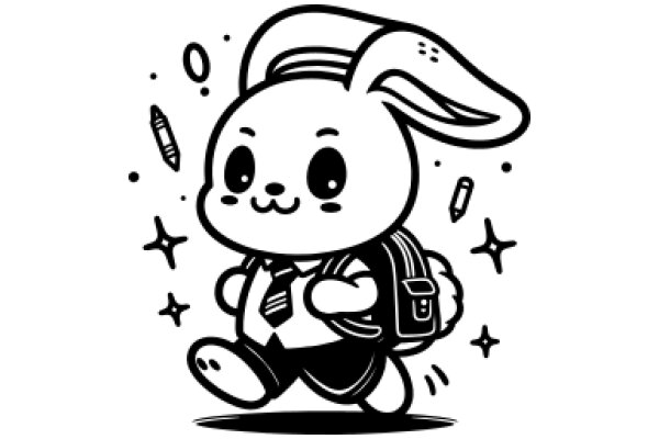 Adorable Cartoon Bunny with Backpack and Pencil, Running with Stars in Background