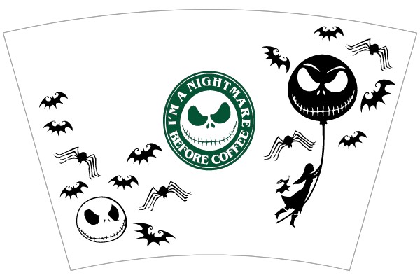 A Halloween-themed coffee cup design featuring characters and motifs from 