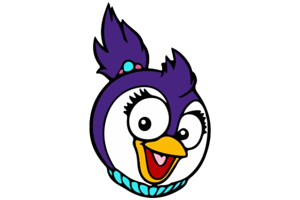 Vividly Colored Cartoon Character with a Purple Head and Yellow Beak, Displaying a Joyful Expression.
