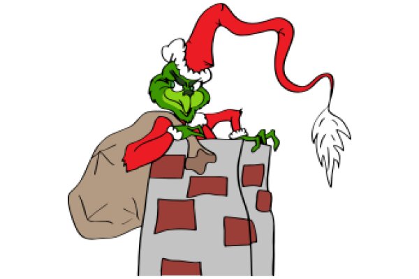 A Festive Scene: A Grumpy Goblin Sitting atop a Tower of Red and Brown Blocks, Holding a Sack and a Feather, with a Santa Hat and a Candy Cane