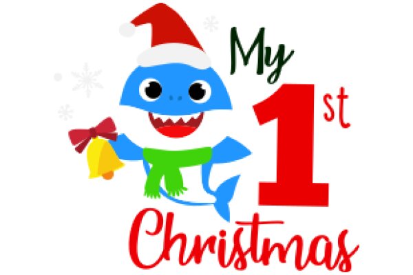 Celebrating My First Christmas: A Festive Illustration of a Blue Shark with a Santa Hat and a Christmas Tree