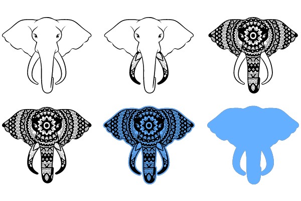 A Collection of Stylized Elephant Designs in , Blue and White, and Gray and White