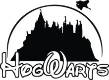 A Silhouette of a Castle with a Flying Figure, Set Against a White Background, Representing the Logo of Hogwarts School of Witchcraft and Wizardry.