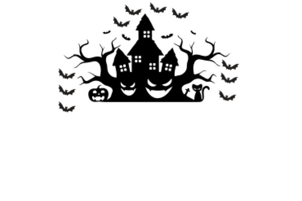 Whimsical Halloween Scene: A Silhouette of a Haunted House Surrounded by Flying Bats and Playful Pumpkins