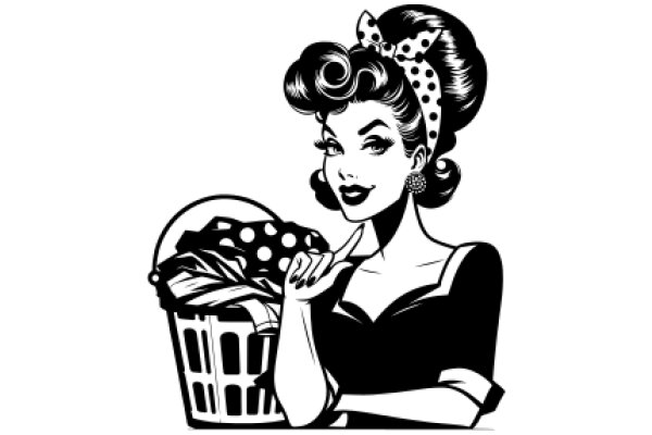 Stylish Vintage Illustration: A Chic Woman with a Polka Dot Bow and a Basket of Laundry