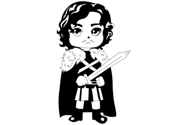 A Stylized Illustration of a Character with a Fur Coat and a Sword