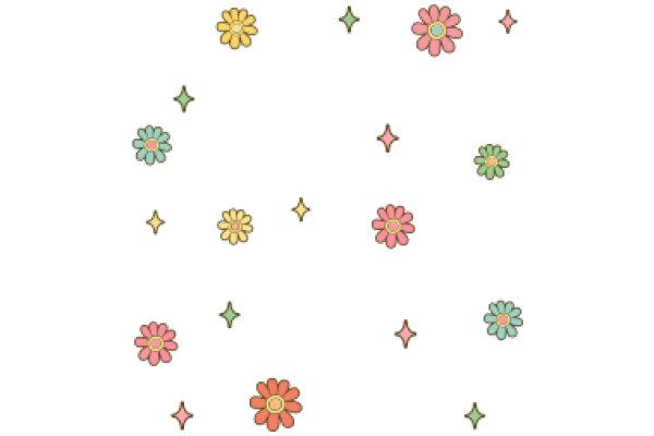 Whimsical Floral Pattern with Colorful Stars and Flowers