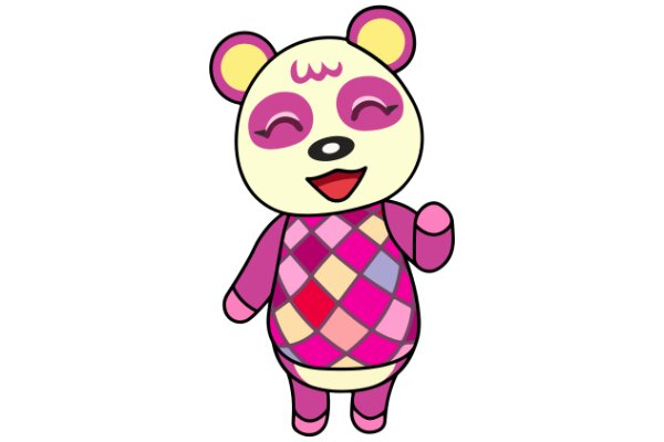 A Cute Cartoon Bear with a Pink and Purple Checkered Shirt and Pink Eyes