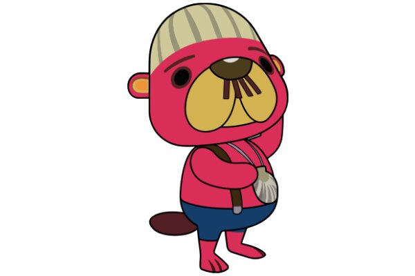 A Playful Pink Rhino with a Brown Nose and Mustache, Wearing a Blue Hat and a Silver Bell Necklace, Standing on Two Legs with a Tail, and Holding a Brown Stick in Its Mouth.