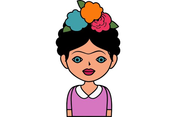 Stylized Cartoon Character with Colorful Flowers and a Pink Shirt