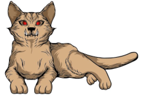 Fierce Feline: A Cartoon Illustration of a Brown Cat with Red Eyes and a Scary Expression