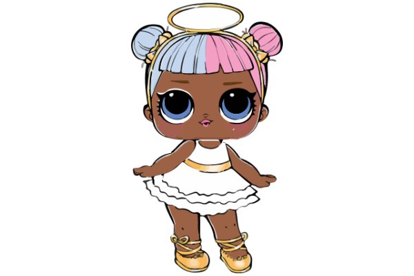 A Pixelated Portrait of a Stylish Character with a Halo, Dressed in a White Dress and Pink Hair
