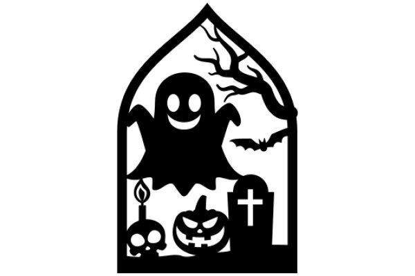 Halloween-themed illustration with a black and white color scheme.