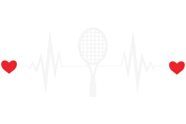 A Digital Artwork of a Tennis Racket and Heartbeat Line with Red Hearts on a White Background