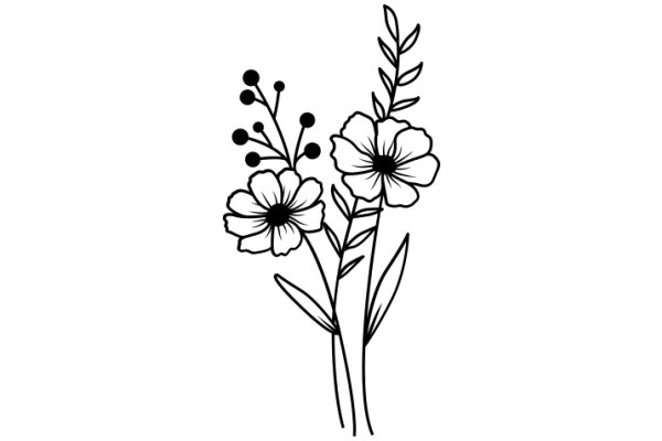 Floral Illustration: A Simple, Elegant Drawing of Two Flowers with Stems and Leaves