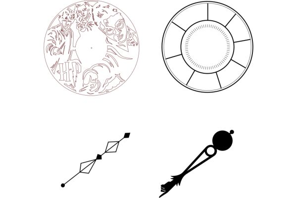 A Collection of Symbolic Icons: A Round Seal, A Spiral Design, and a Stylized Figure
