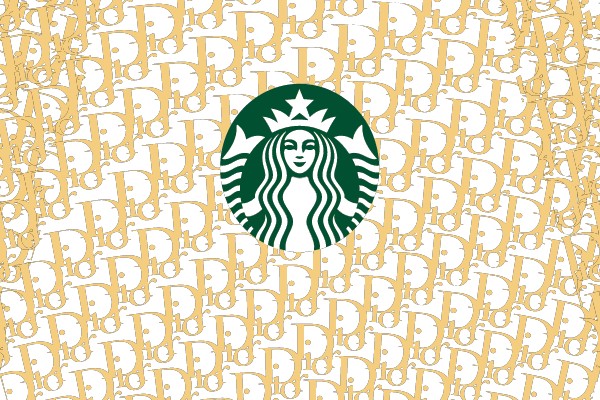 Starbucks Logo Amidst a Repetitive 'Dior' Pattern