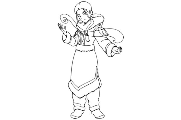 A Stylized Illustration of a Female Character with a Fur-Lined Coat and a Swirling Scarf